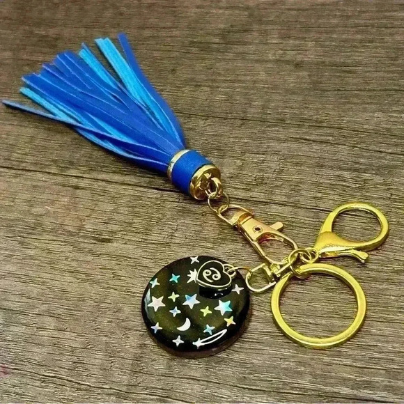 Hand Crafted Medallion Cancer Charm and Blue Tassel Gold Tone Keychain - Picture 1 of 2